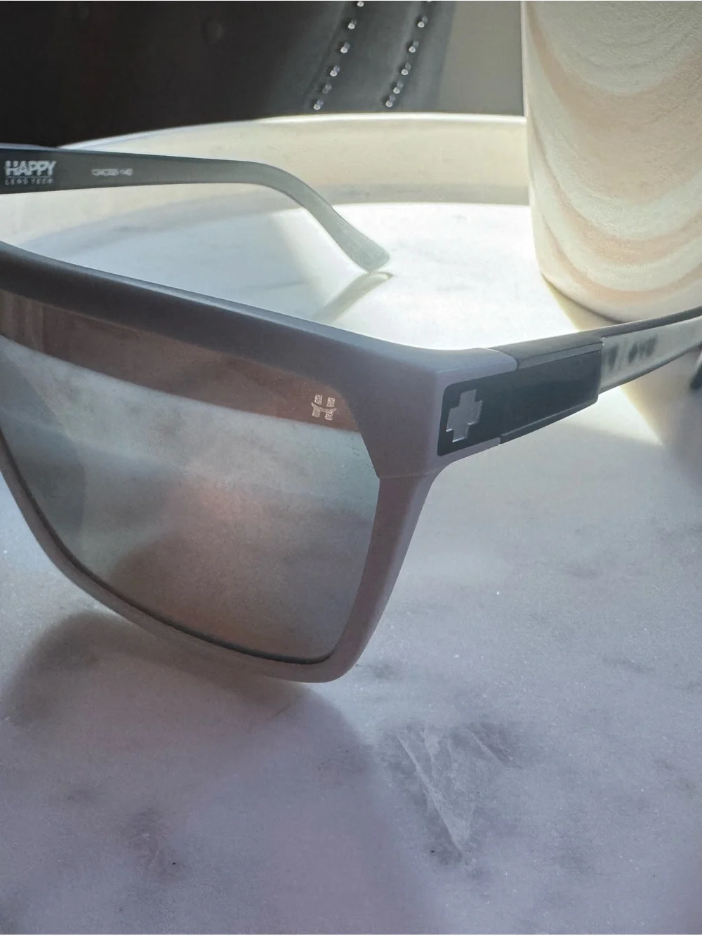 Like new spy sunglasses with happy lenses. Black and gray.
